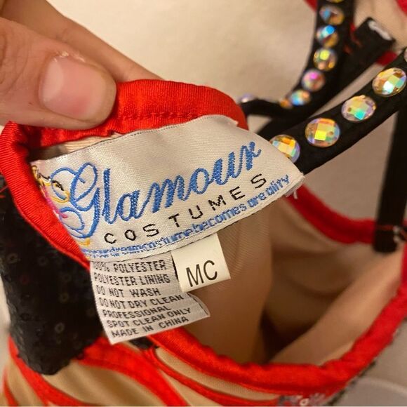 Glamour solo dance costume custom red mesh rhinestone embellished leotard MC - Picture 9 of 11